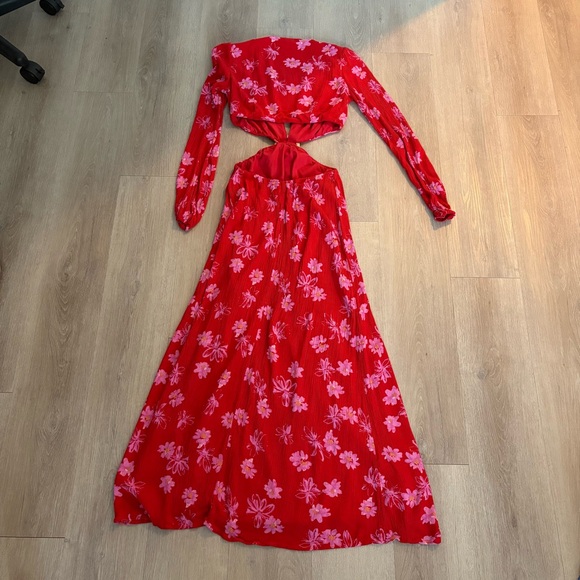 WAYF Womens Maxi Dress Size XS Red Pink Floral Long Sleeve Cutout Deep V - Picture 10 of 10